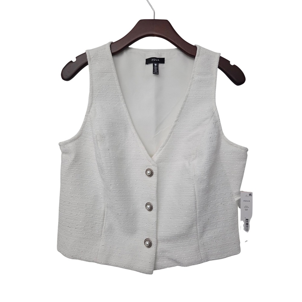 AQUA Vest Tweed Pearl Button V-Neck Women Large White NWT $78 IBO26755